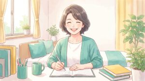 明るい表情で勉強がはかどっている女性のイラスト