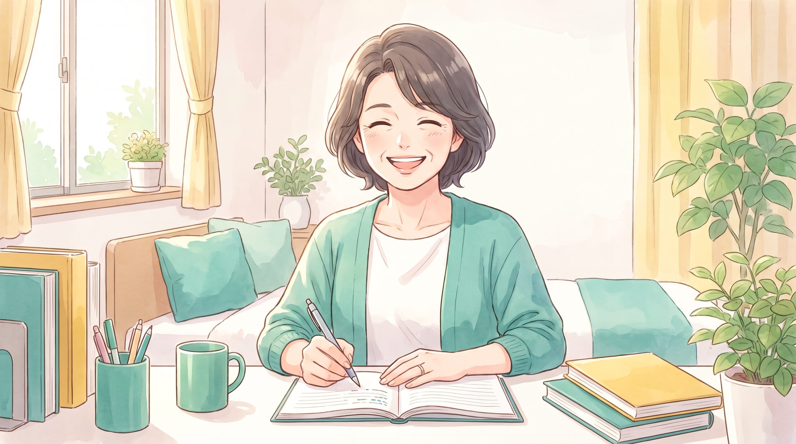 明るい表情で勉強がはかどっている女性のイラスト
