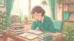 参考書を前に頭を抱えて疲れている女性のイラスト