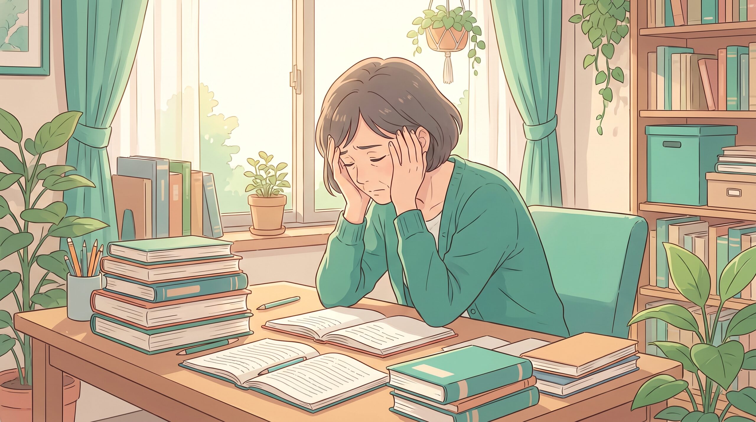 参考書を前に頭を抱えて疲れている女性のイラスト