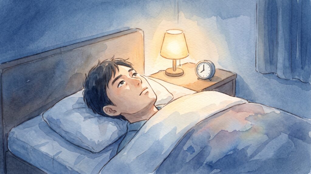夜、眠れずに天井を見つめる男性のイラスト