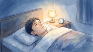 夜、眠れずに天井を見つめる男性のイラスト