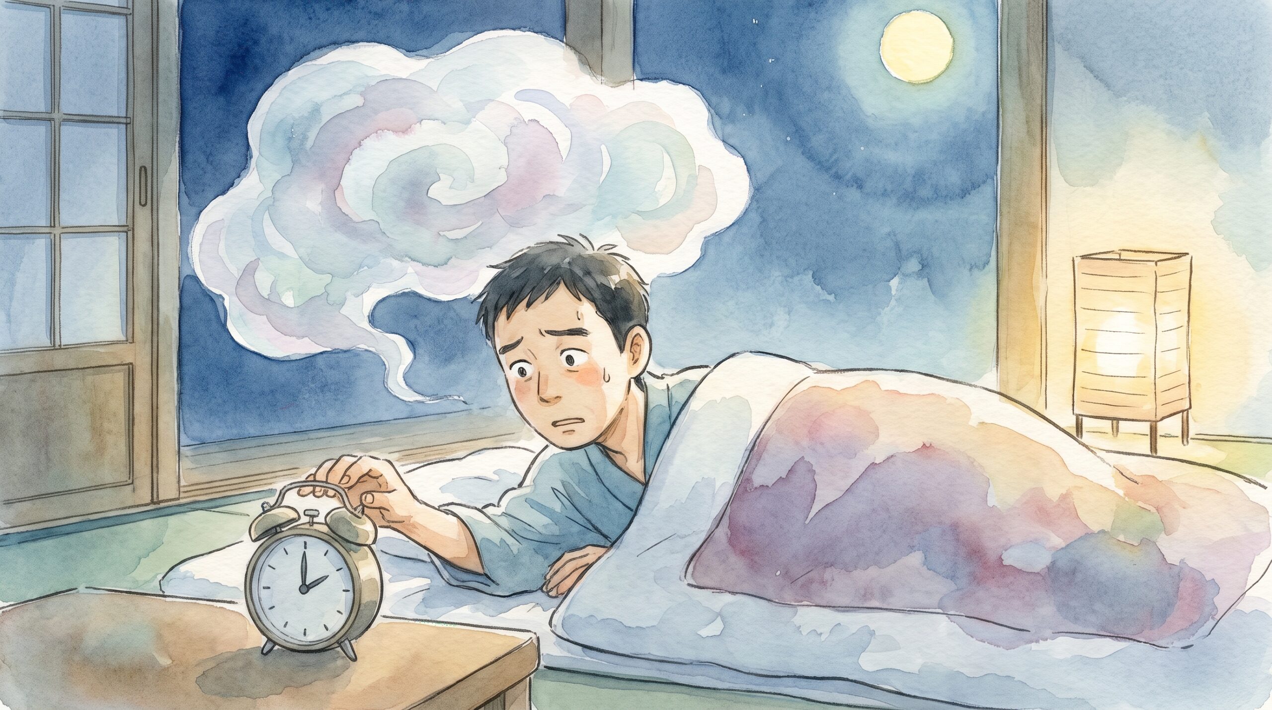 布団の中で時計を気にする男性のイラスト