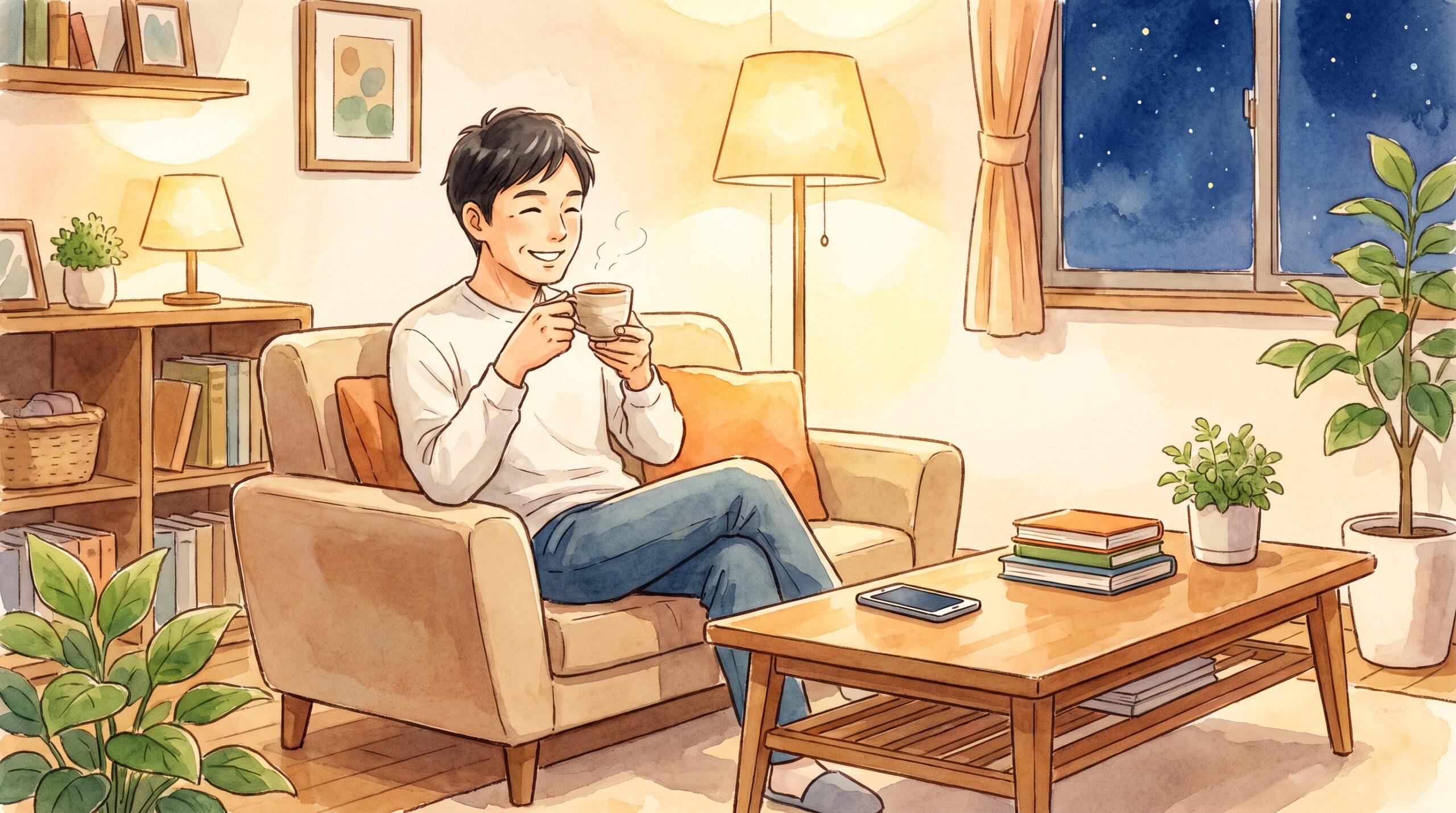 夜、スマホを置いて間接照明でくつろぐ男性のイラスト