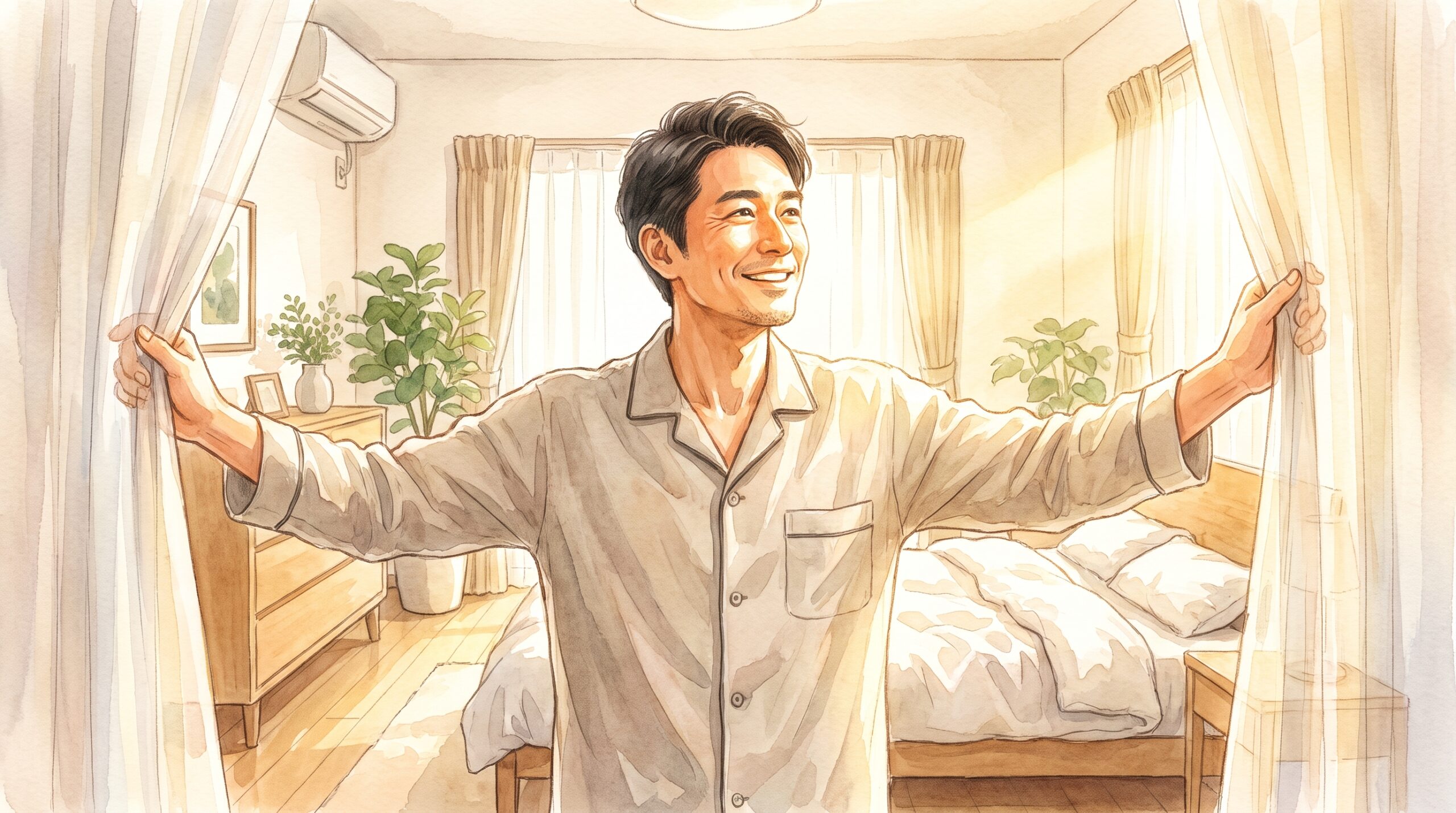 朝、カーテンを開けて朝日を浴びる男性のイラスト