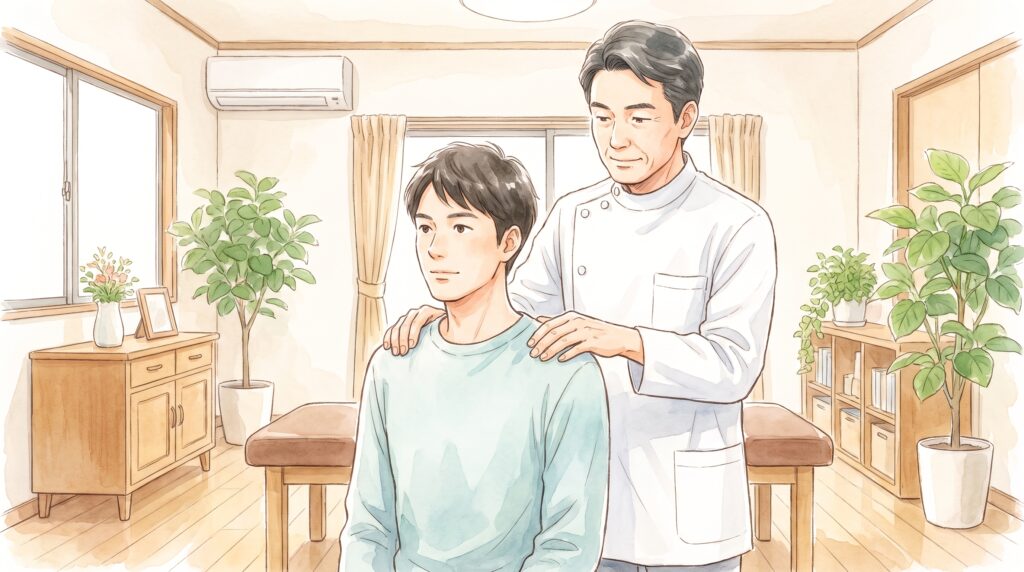 施術者が男性患者の肩の高さの左右差を検査しているイラスト
