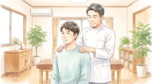 施術者が男性患者の肩の高さの左右差を検査しているイラスト