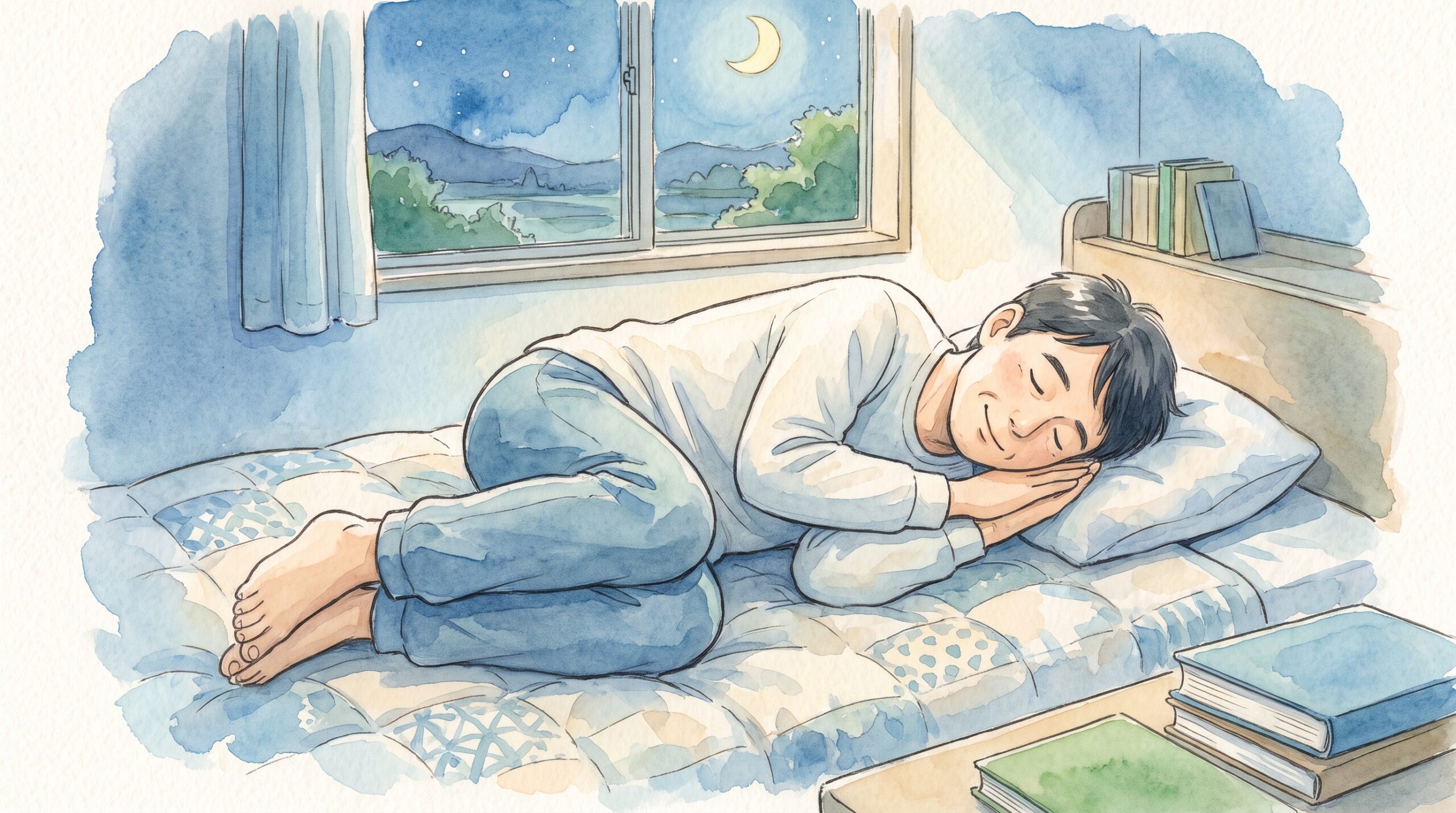 横向きに丸くなって眠る男性のイラスト