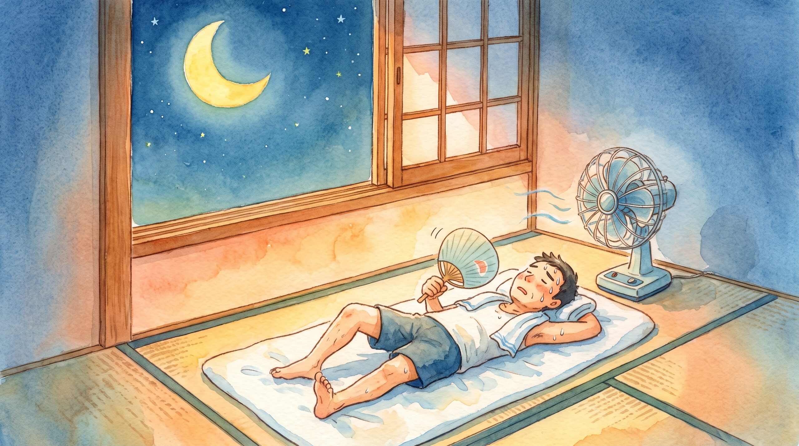 夏の夜、扇風機の前で眠れず汗ばむ男性のイラスト