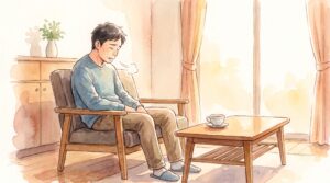 疲れて椅子に座りため息をつく男性のイラスト