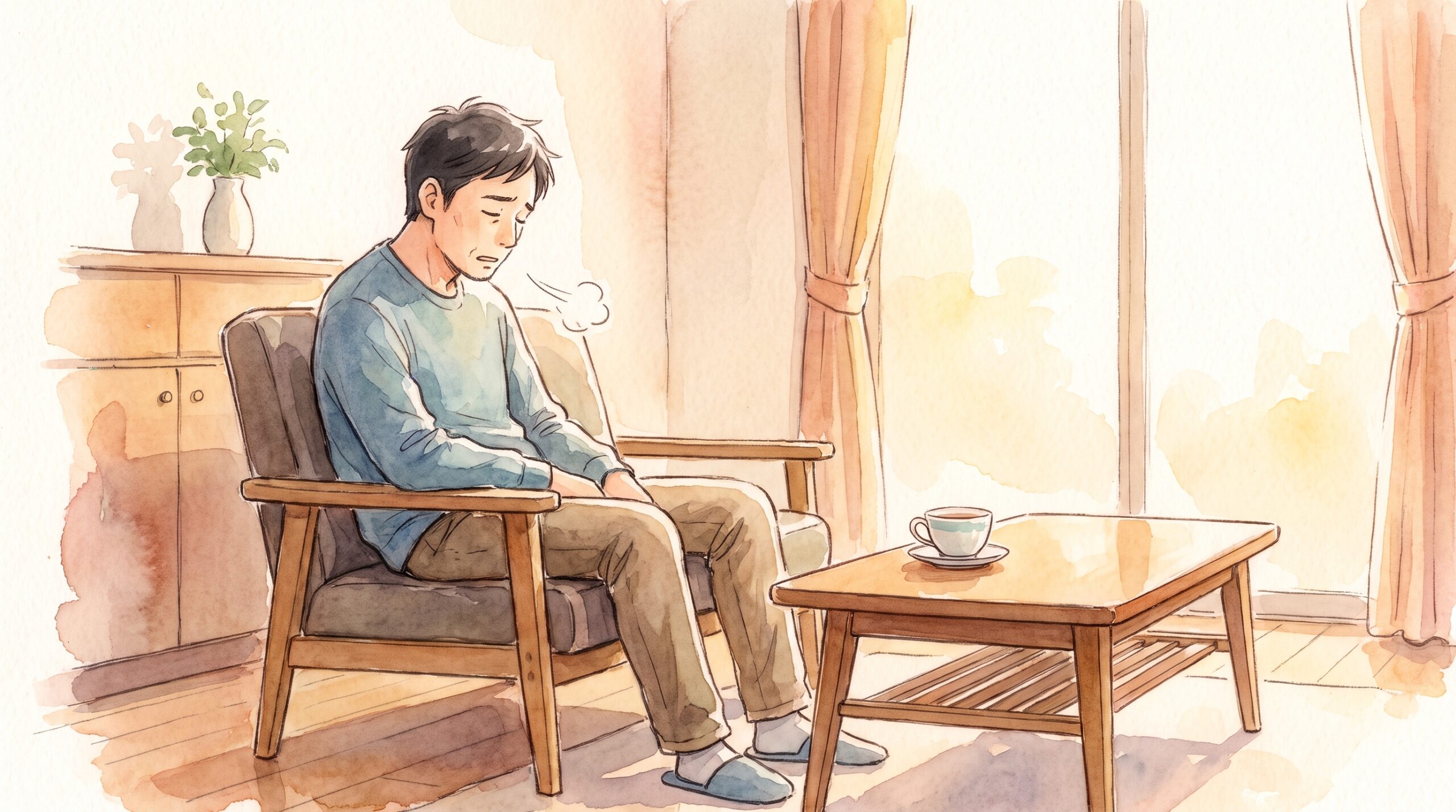 疲れて椅子に座りため息をつく男性のイラスト