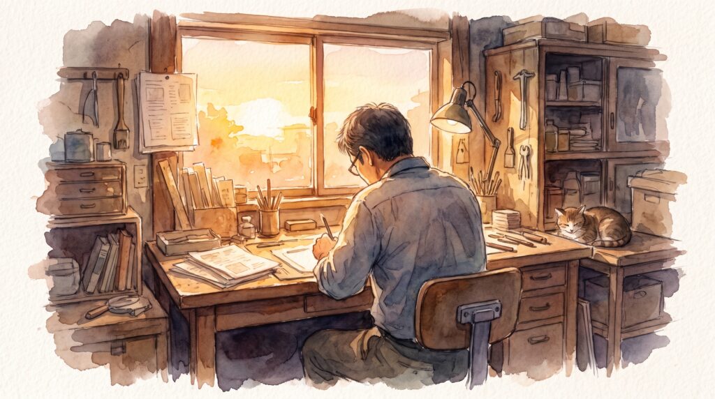 夕暮れの仕事場で一人で働く男性のイラスト
