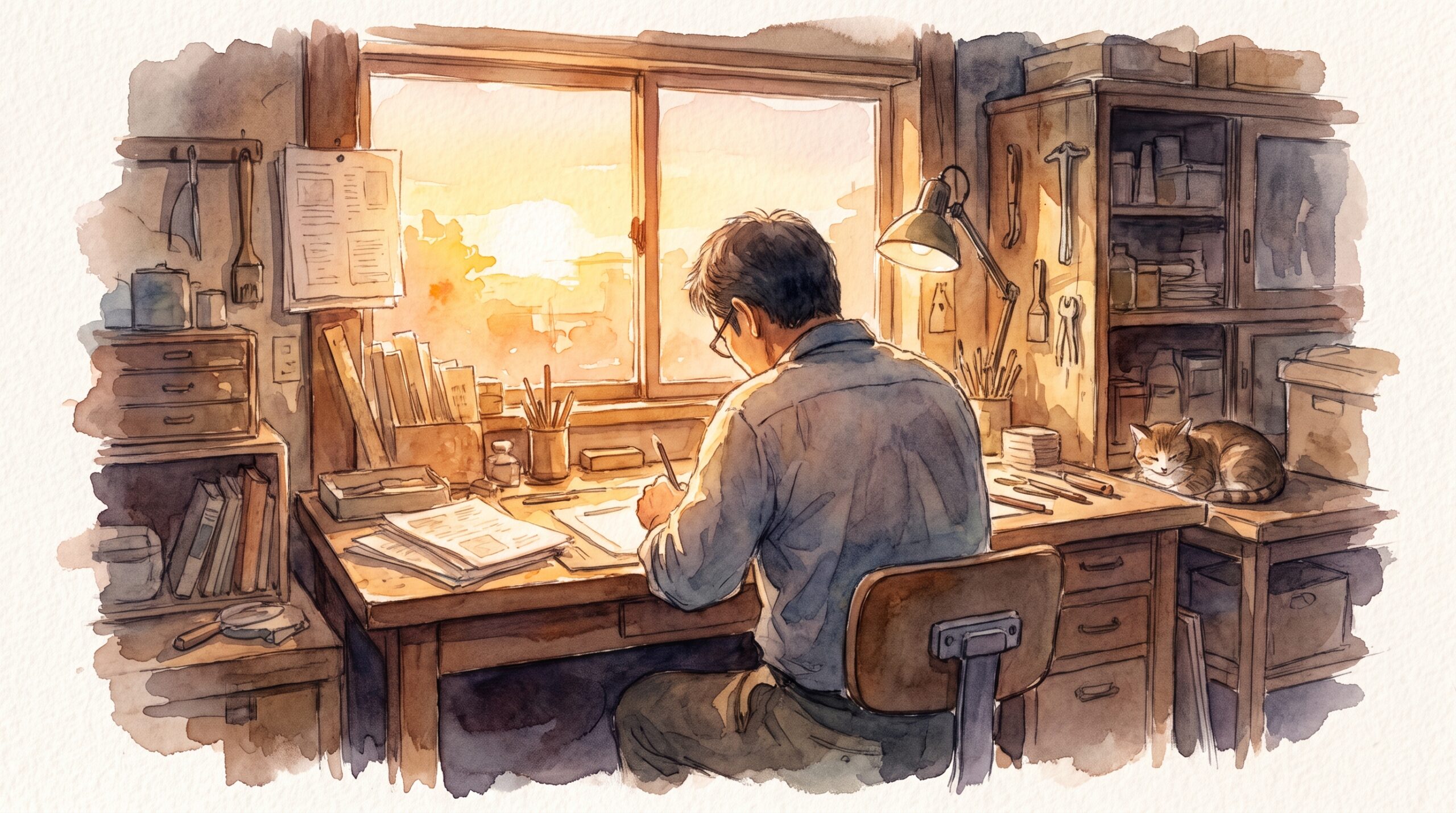 夕暮れの仕事場で一人で働く男性のイラスト