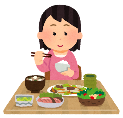 バランスのよい食事をゆっくり食べる女性のイラスト