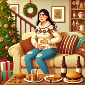 食べ過ぎてお腹をおさえる女性のイラスト