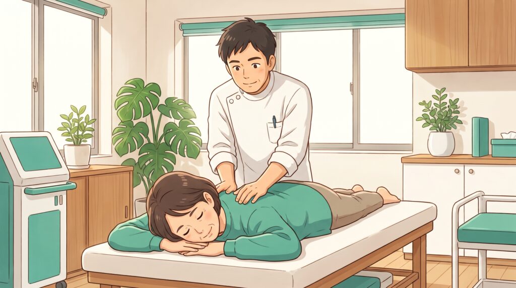 施術者が女性患者の背中をやさしく緩めているイラスト
