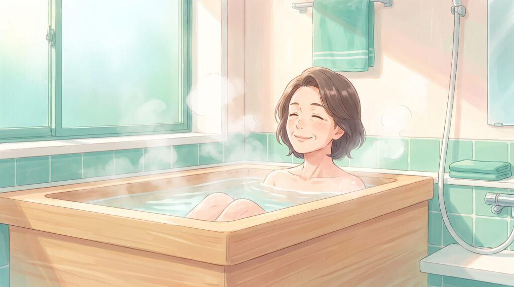 お風呂で湯船につかりリラックスする女性のイラスト