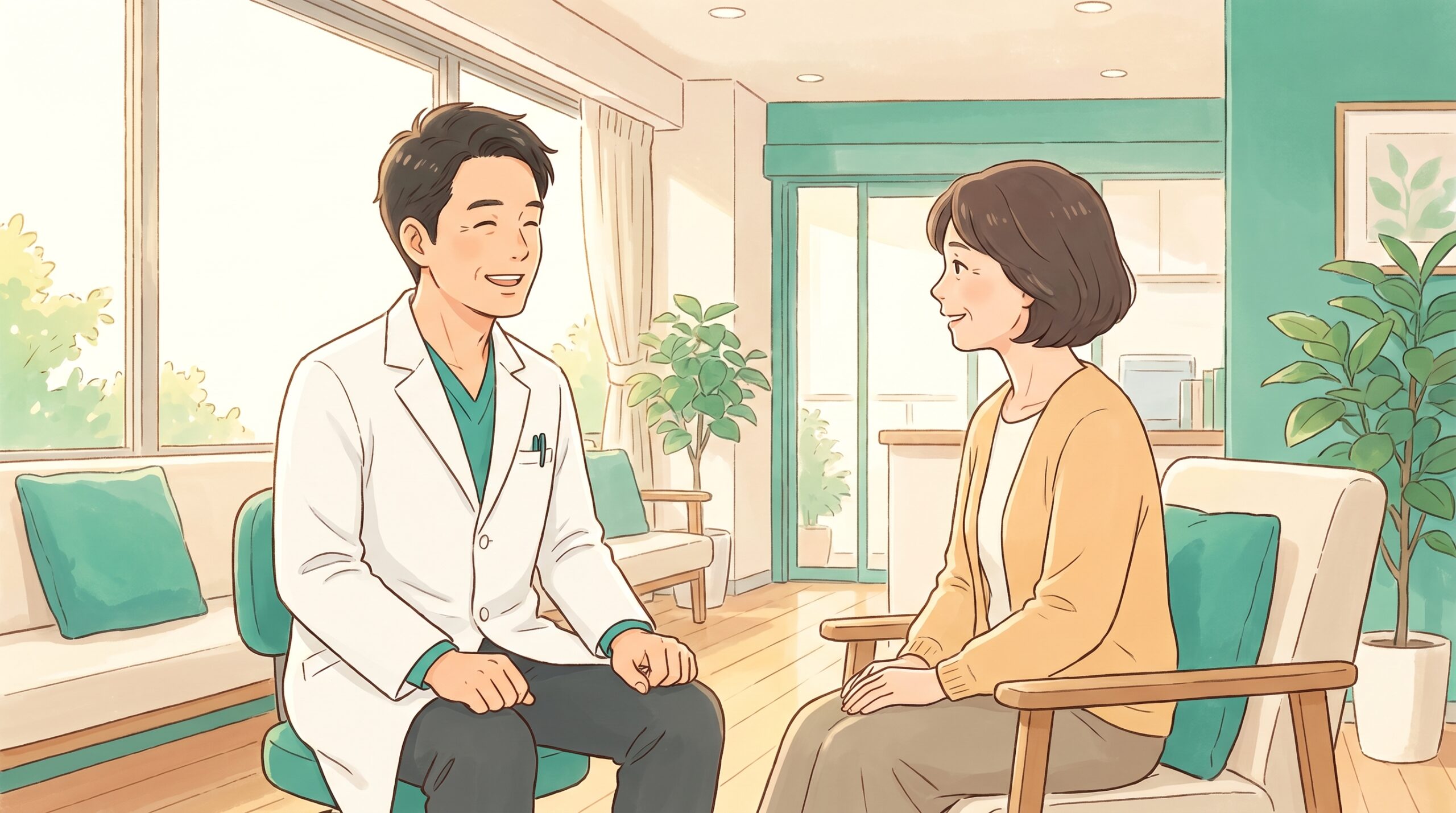 施術者と女性患者が笑顔で話しているイラスト