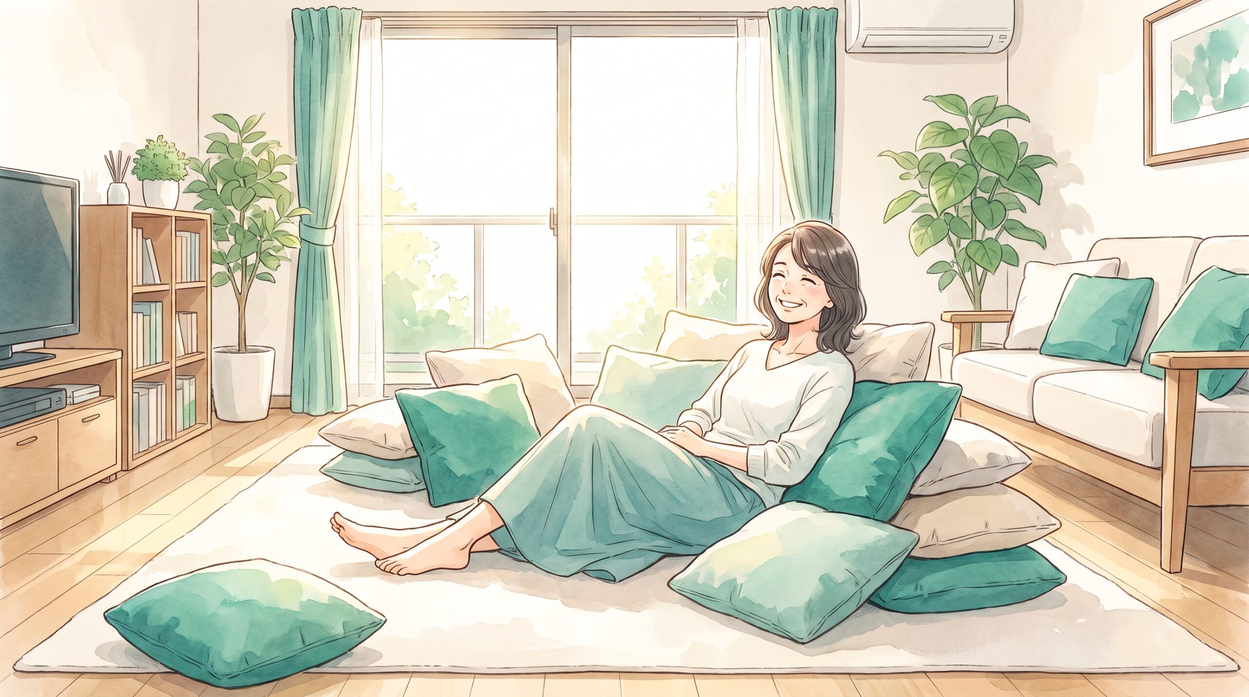 リビングで横になってくつろぐ女性のイラスト