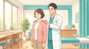 施術者が女性患者の肩の高さを検査しているイラスト