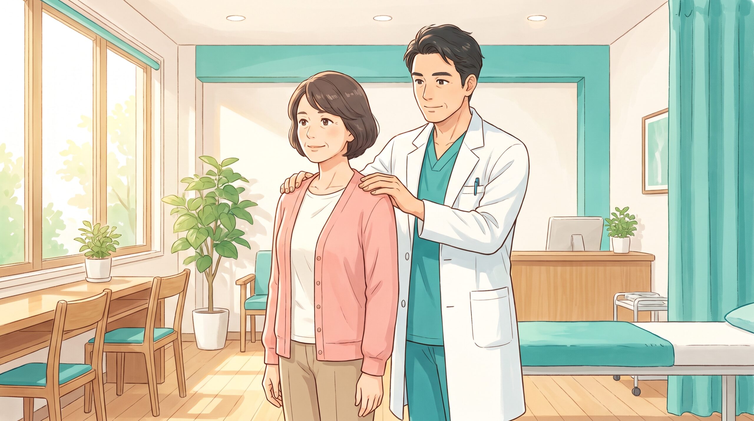 施術者が女性患者の肩の高さを検査しているイラスト