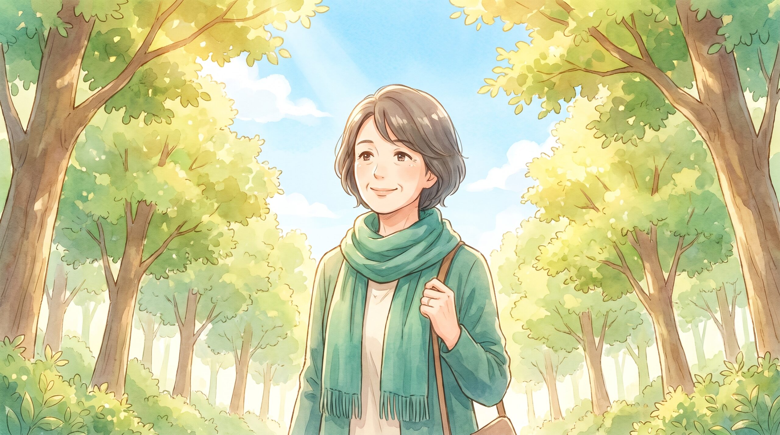 公園を軽やかに散歩する女性のイラスト