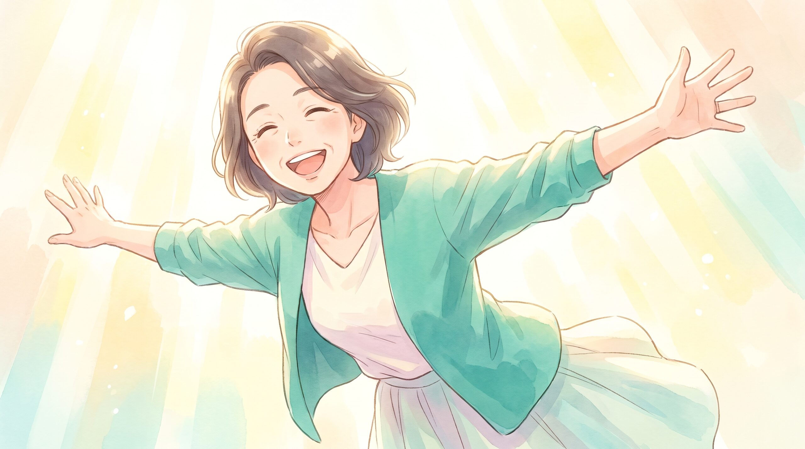 両手を広げて晴れやかな笑顔の女性のイラスト