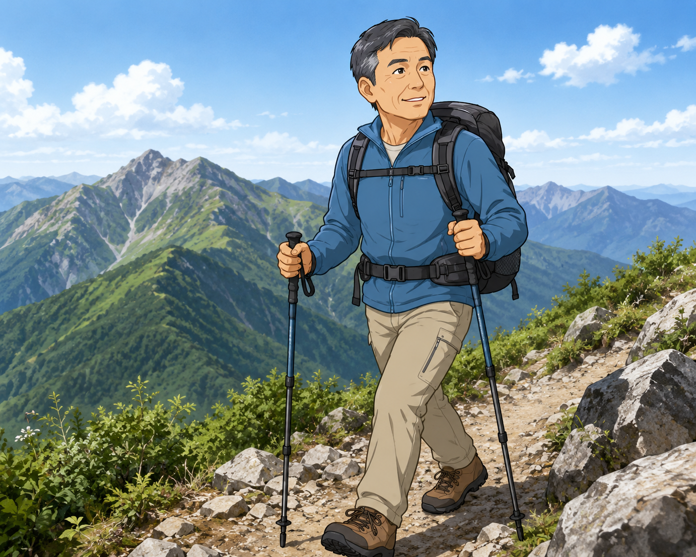山道を歩く50代男性のイラスト