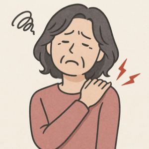 肩の痛みに悩む女性のイラスト