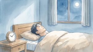 夜の寝室で眠れず天井を見つめている男性のイラスト