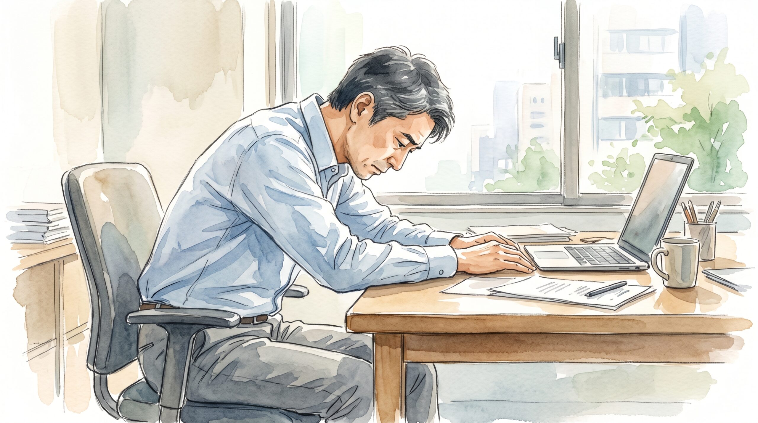 日中、疲れて肩を落としている男性のイラスト