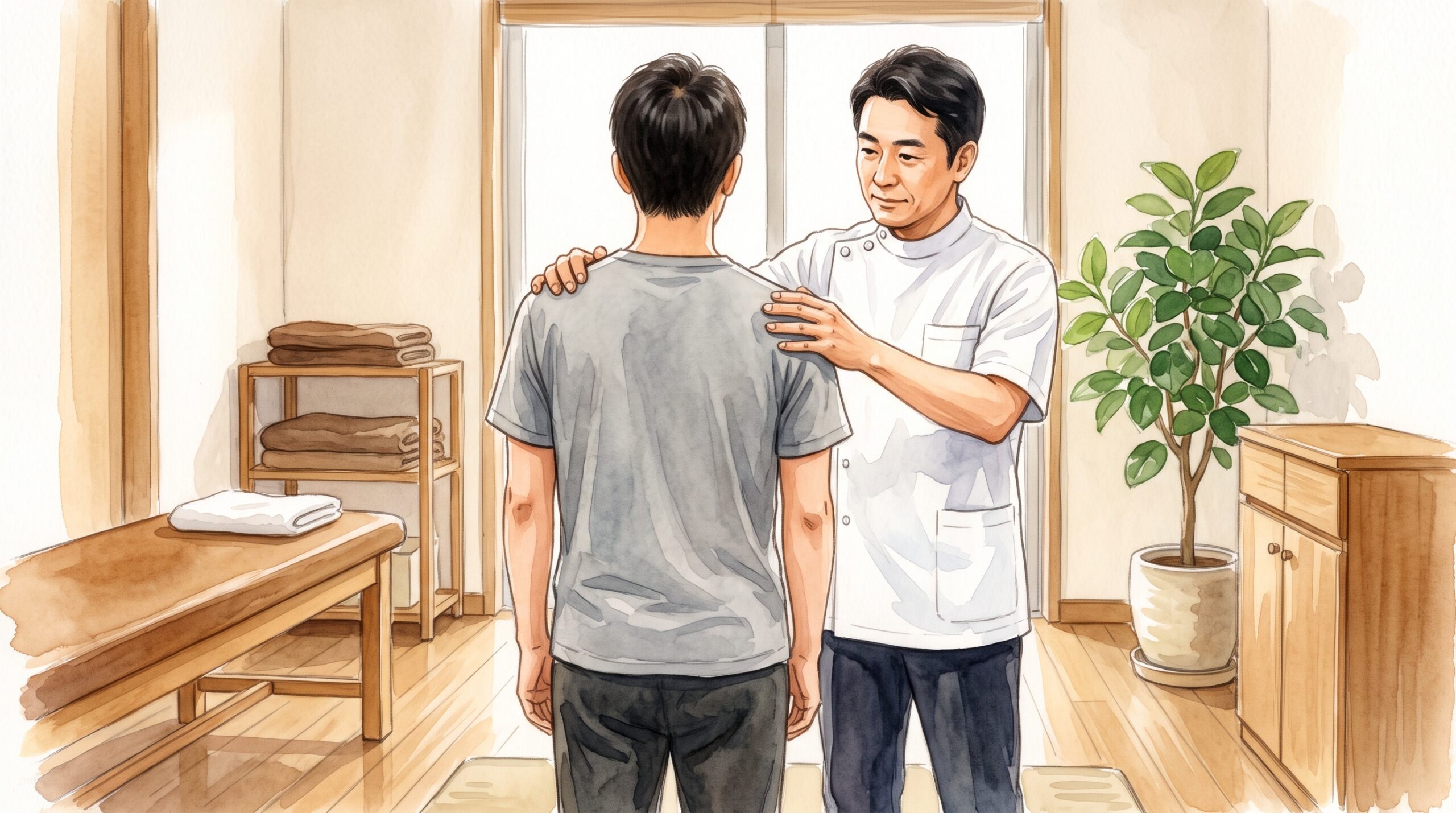 施術者が患者の肩の高さを確認している場面のイラスト