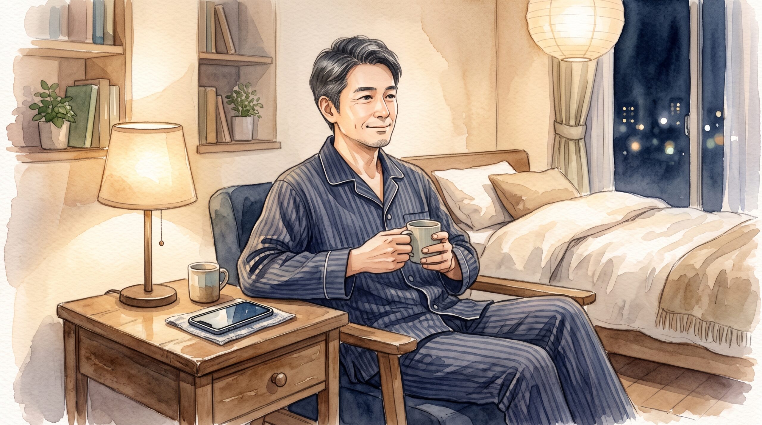 夜、スマートフォンを置いてくつろいでいる男性のイラスト