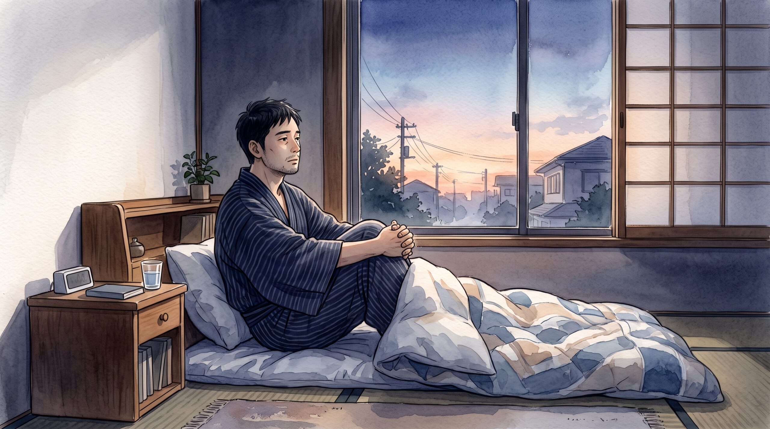 眠れないまま朝を迎えた男性のイラスト