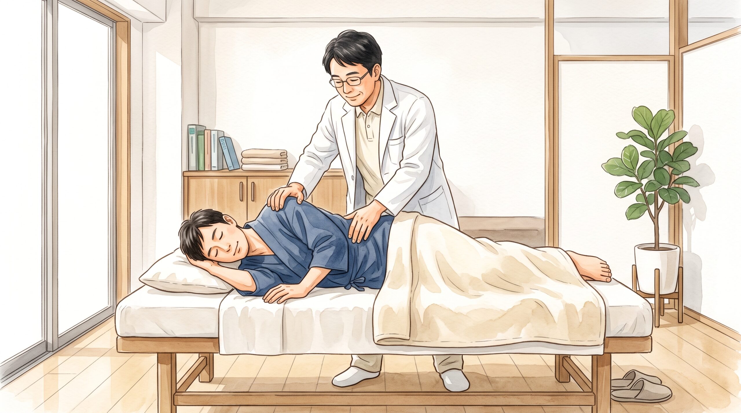 施術者が患者の体を整えている場面のイラスト
