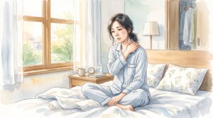 朝、肩に手を当てて凝りを感じている女性のイラスト