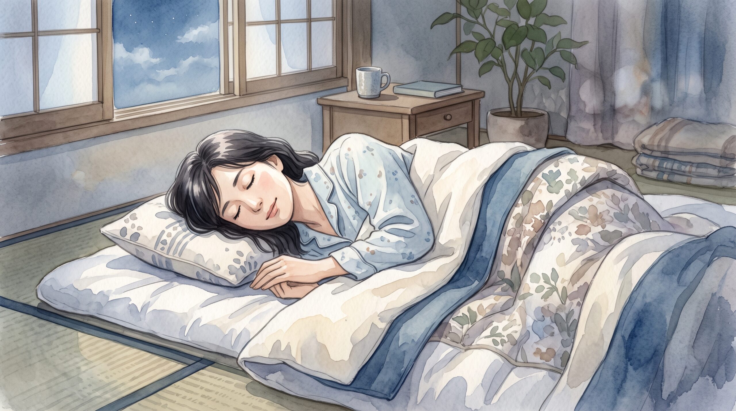 夜、穏やかに眠っている女性のイラスト