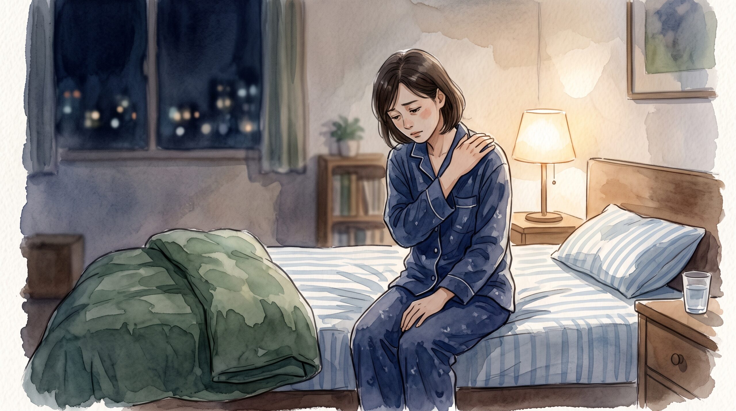 夜、肩を押さえて疲れた表情をしている女性のイラスト