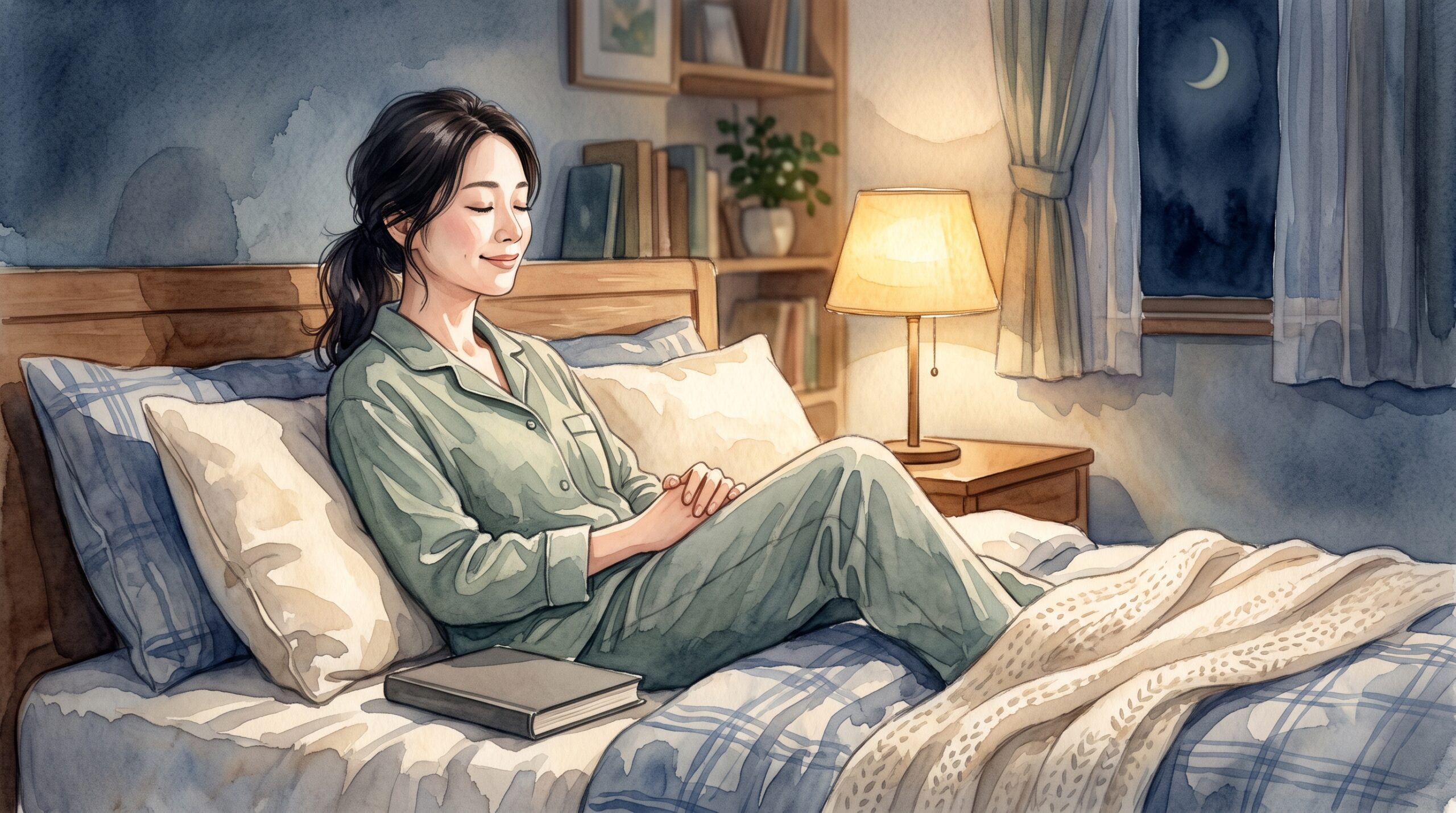 夜、照明を落とした部屋でくつろいでいる女性のイラスト