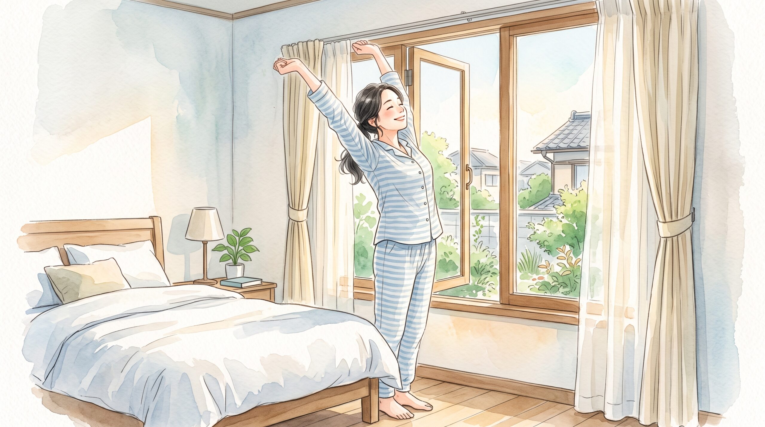 朝、すっきり目覚めて背伸びをしている女性のイラスト