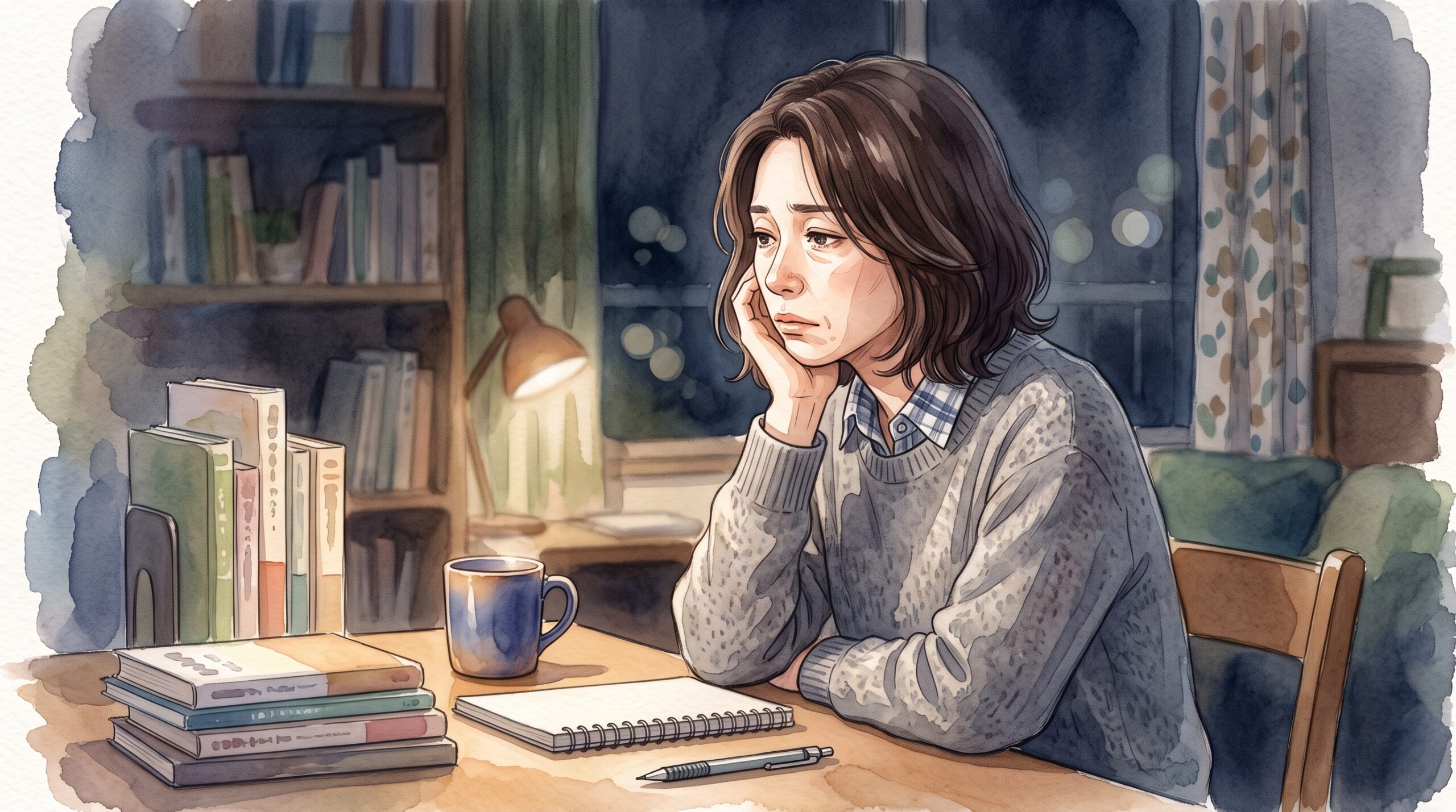 夜、考えごとをしている女性のイラスト