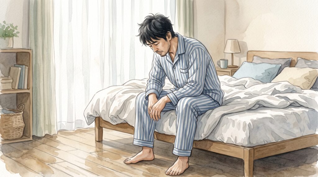 朝、ベッドの端に腰かけて体が重そうにしている男性のイラスト