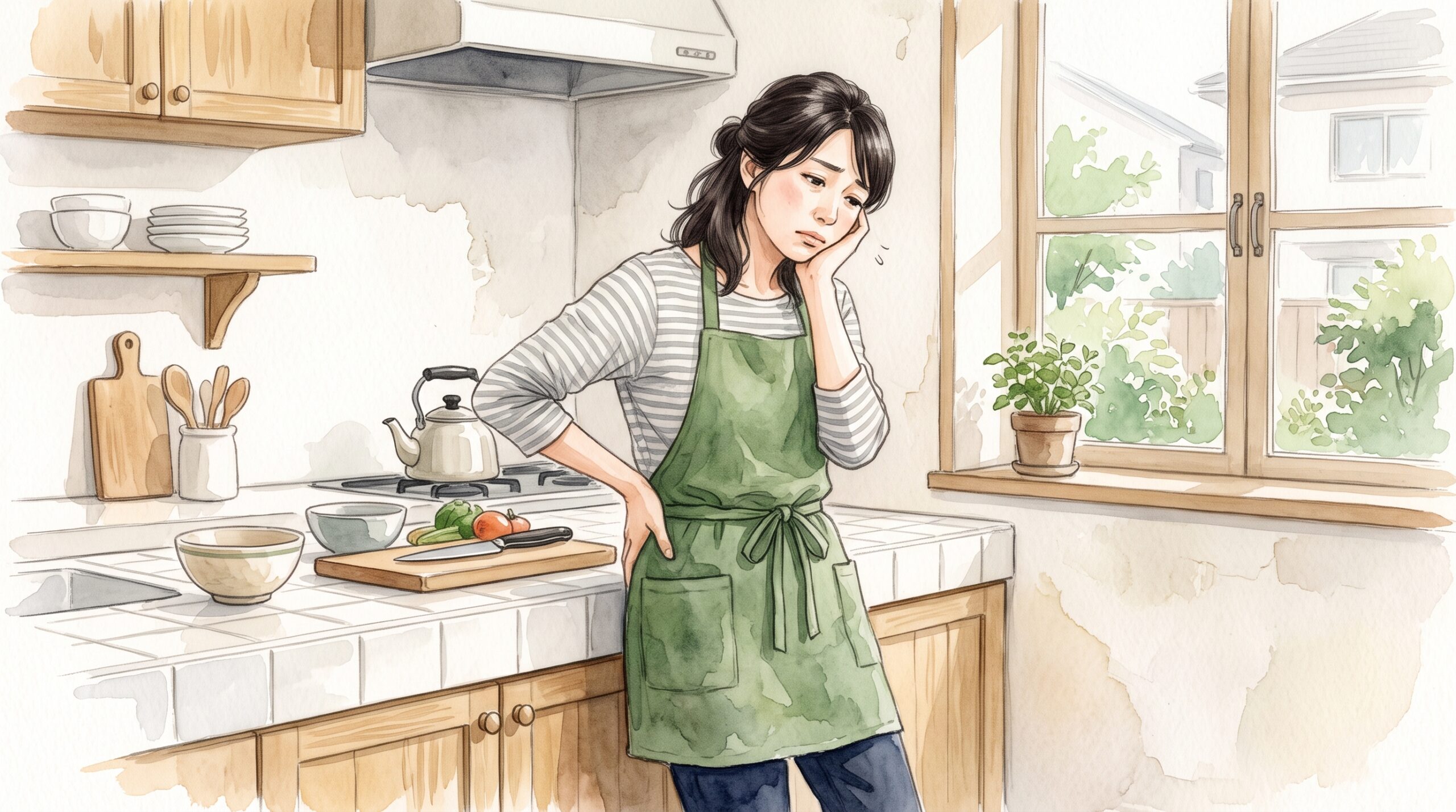 台所に立ってだるそうにしている女性のイラスト