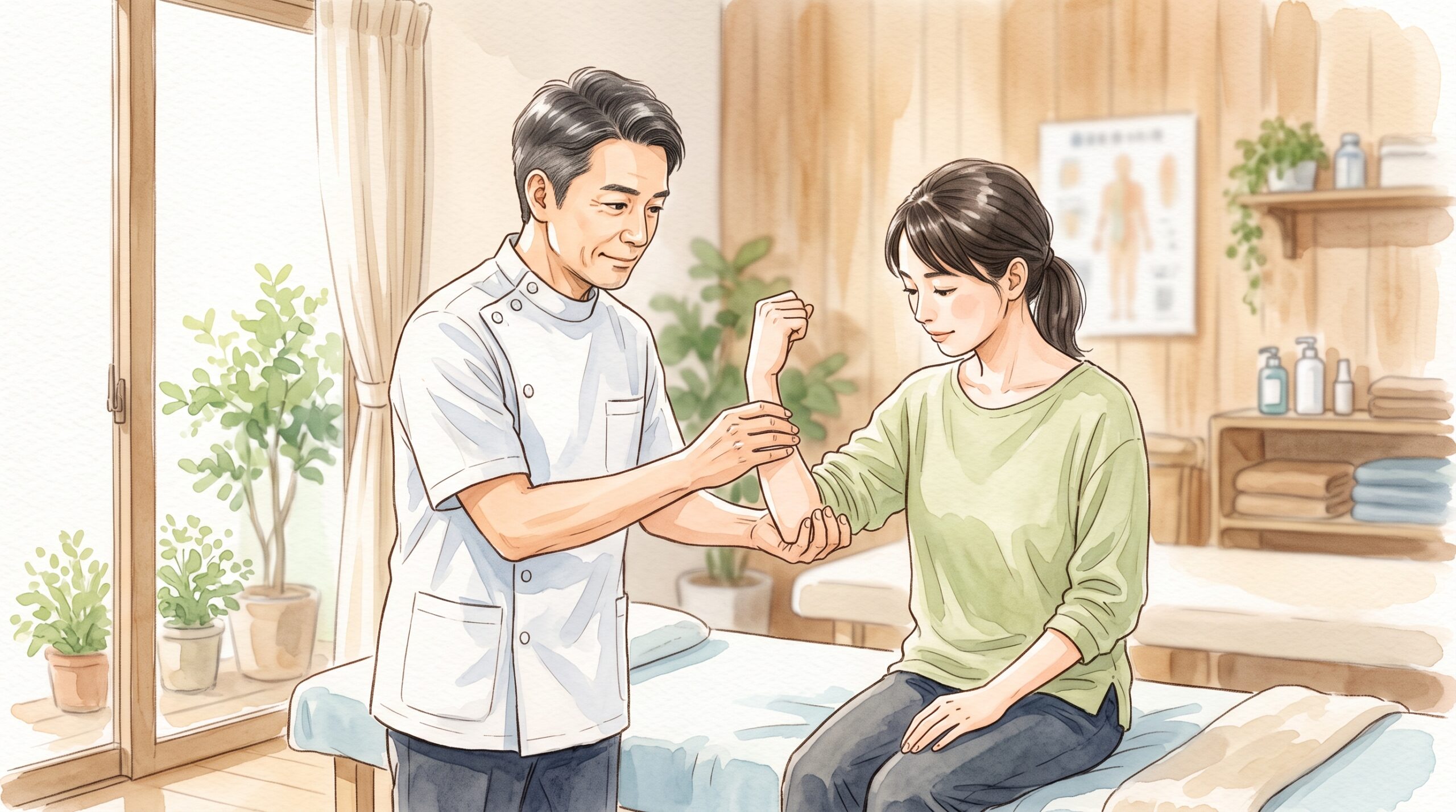 施術者が患者の力の入り具合を確かめている場面のイラスト