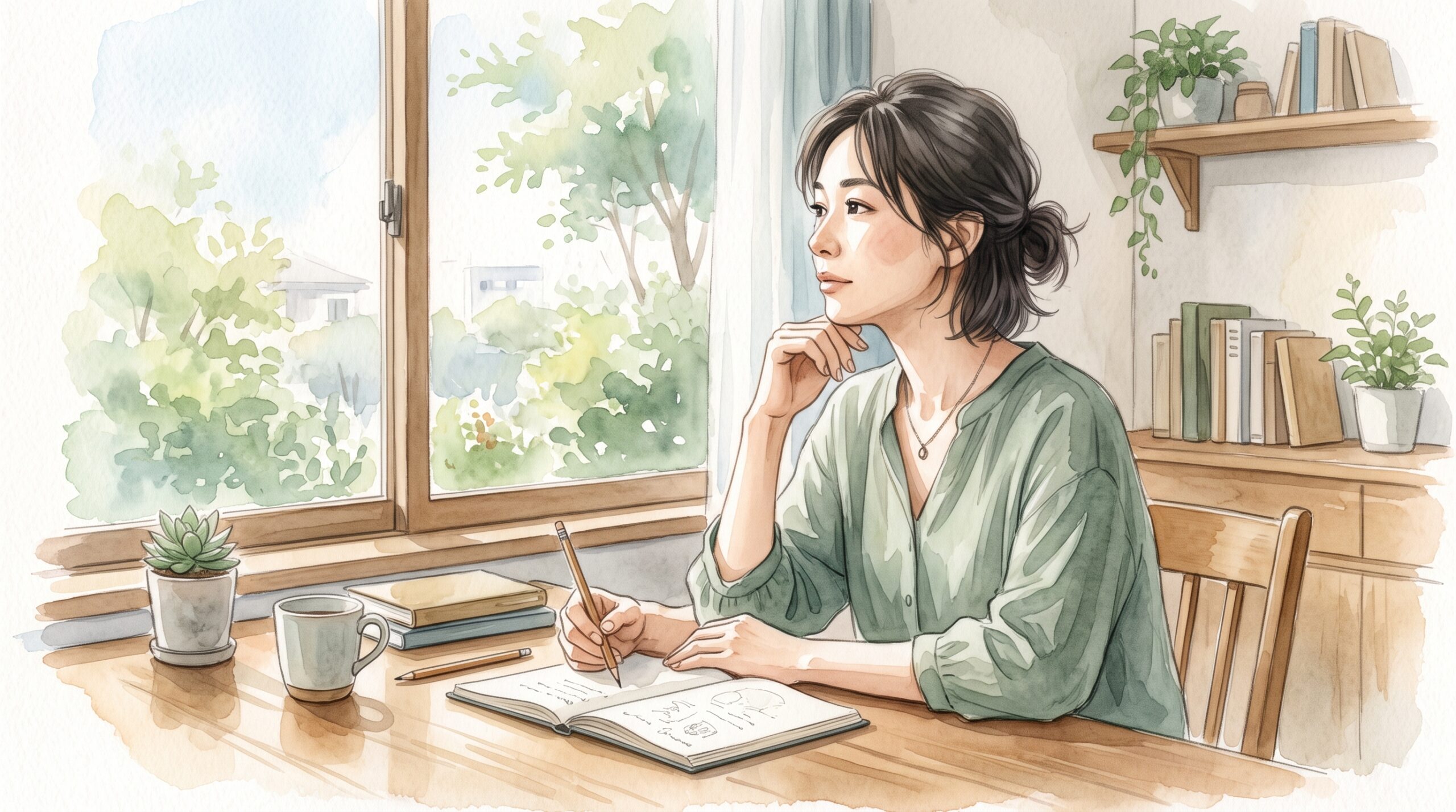 机に向かって手が止まっている女性のイラスト