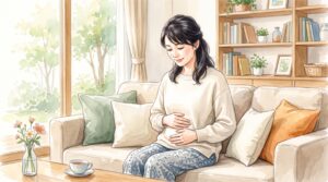 お腹にそっと手を当てて様子を確かめている女性のイラスト