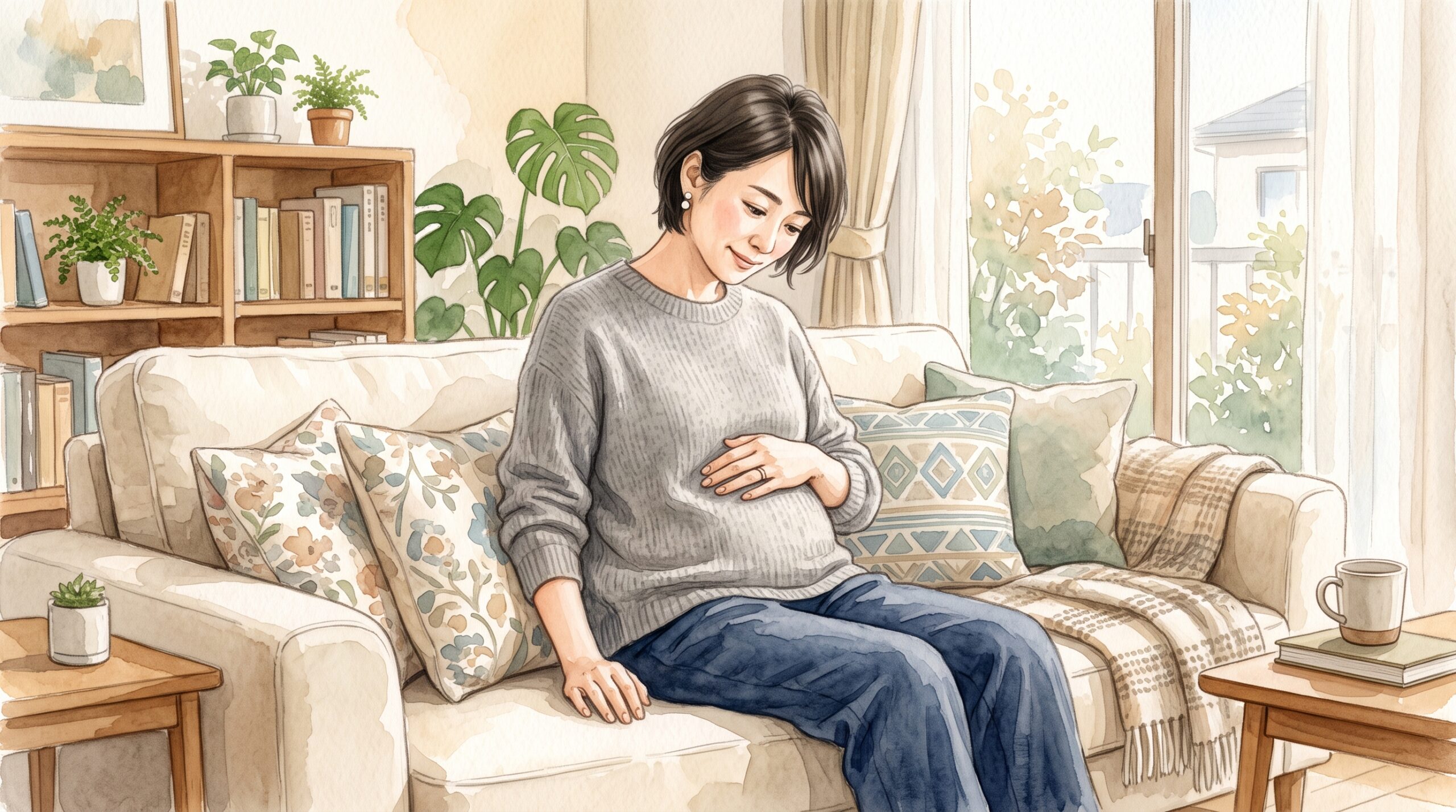お腹に手を当てて様子を確かめている女性のイラスト