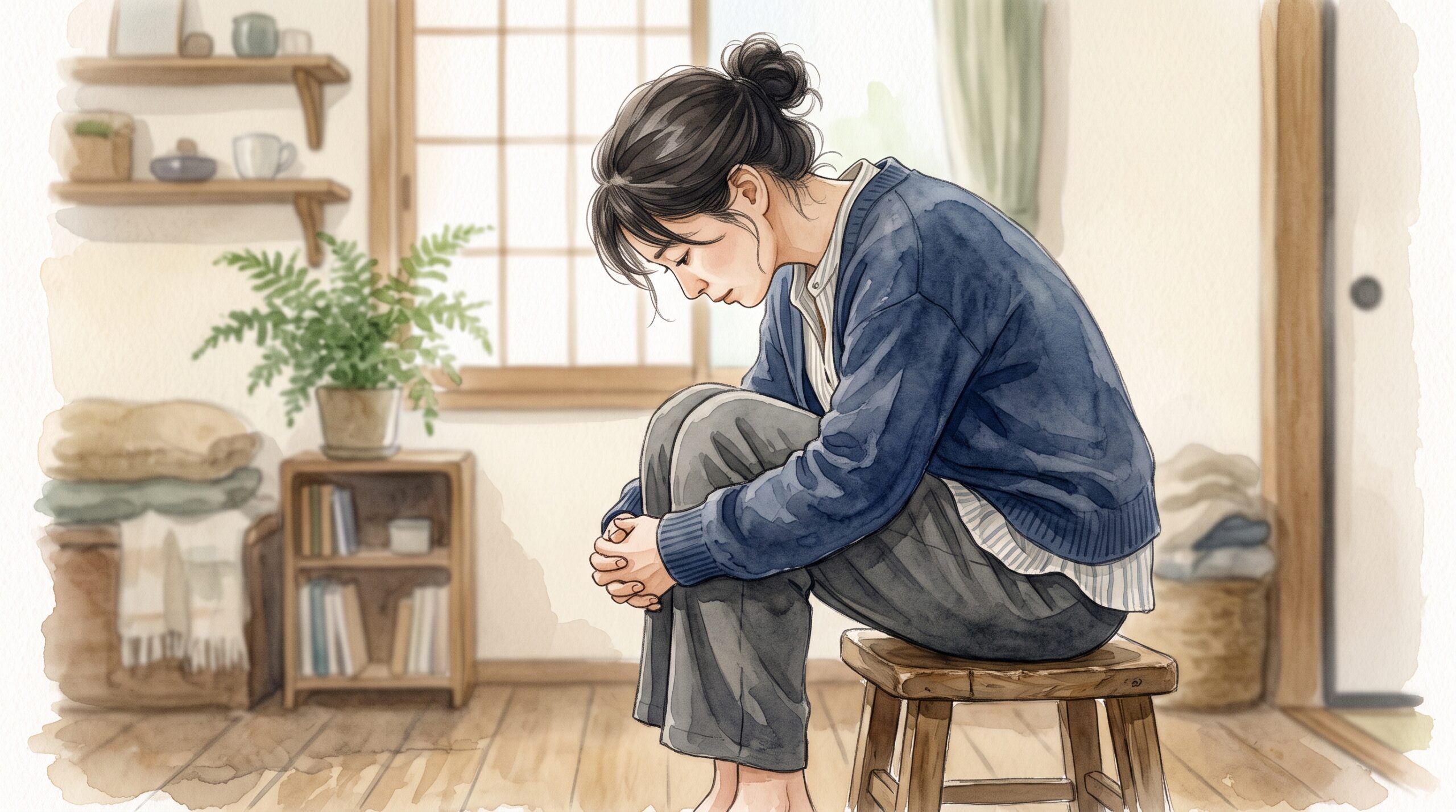 背中を丸めて縮こまって座っている女性のイラスト