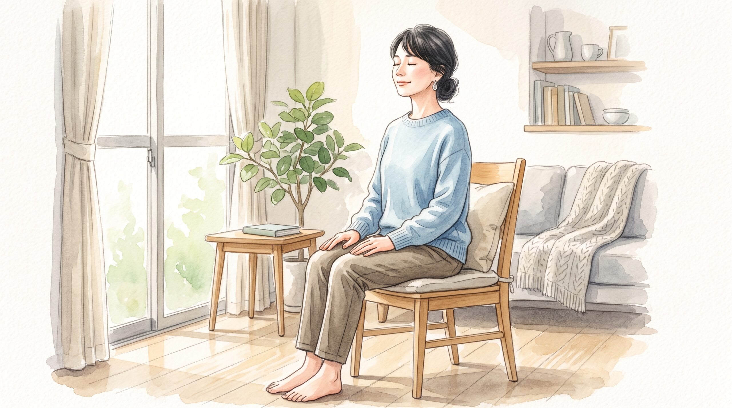 椅子に座って深呼吸をしている女性のイラスト