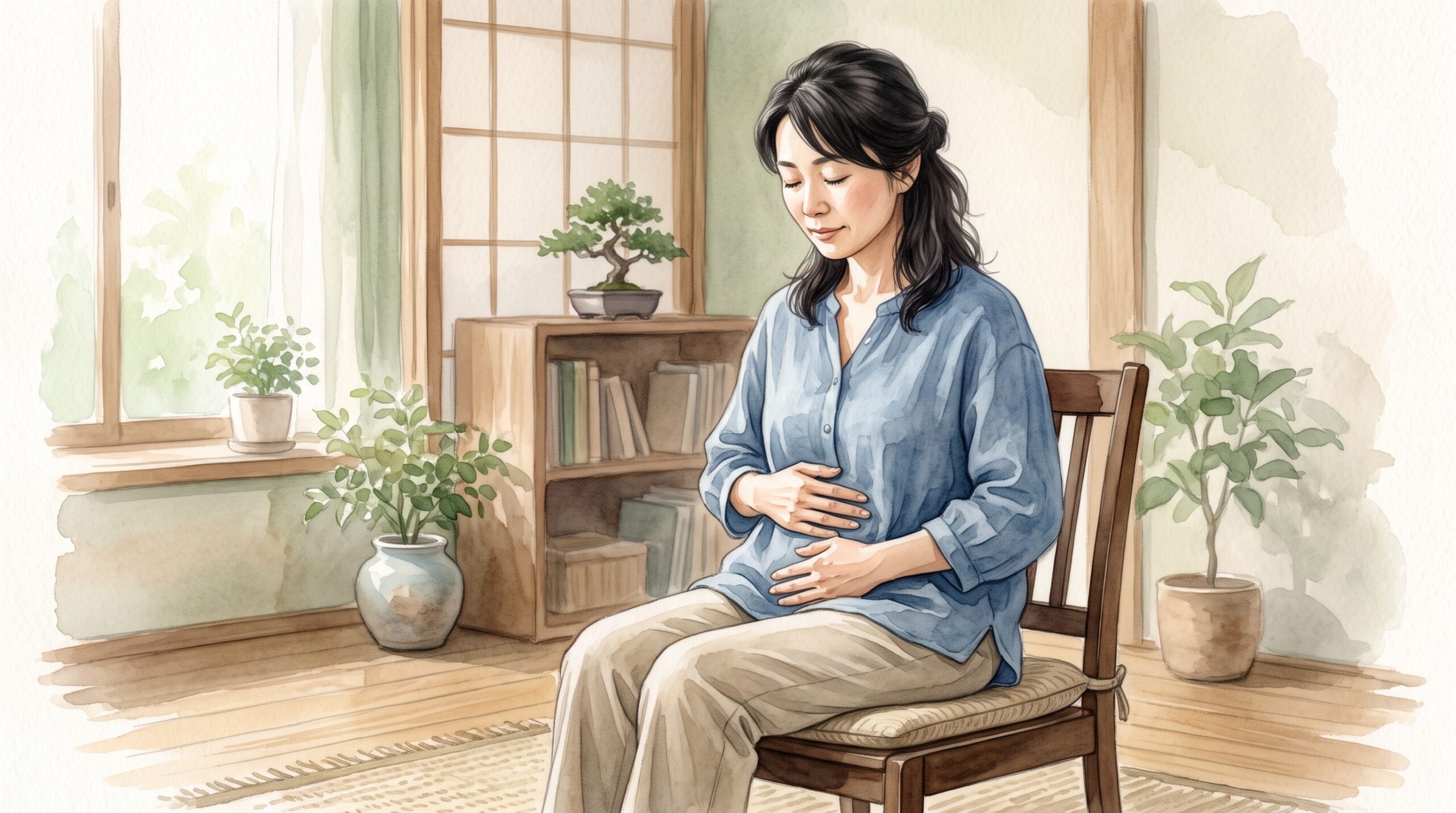 お腹に手を当てて静かに座っている女性のイラスト